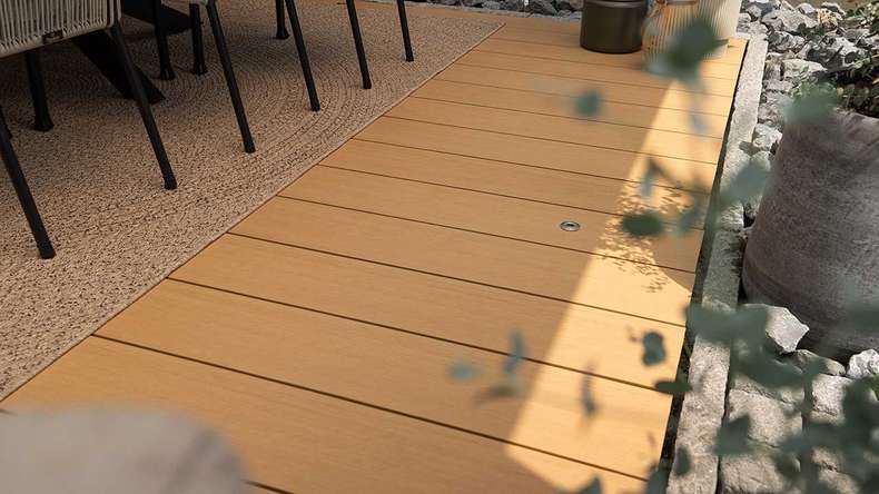 planeo MAXLine Nature - WPC CoEx coated XL decking board hollow chamber - sand 3m textured/smooth brushed