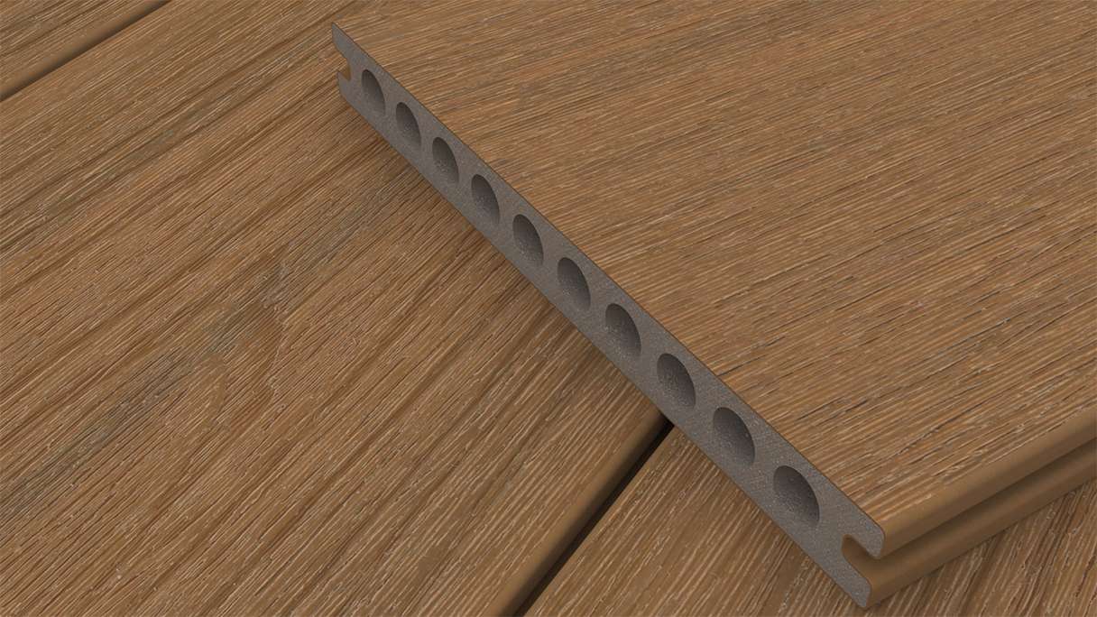 planeo MAXLine Nature - WPC CoEx wrapped XL decking board hollow chamber - Burma teak 3m textured/smooth brushed