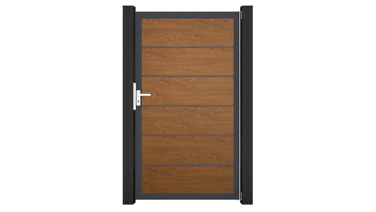 planeo Gardence Simply Premium – Golden Oak universal PVC gate with aluminium frame, 100 x 180 cm