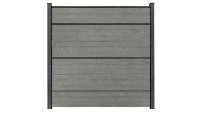 planeo Gardence Simply Premium - PVC plug-in fence Grey Ash Cut with pilaster strips in anthracite 180 x 180 cm