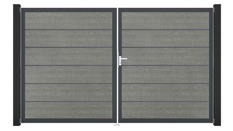planeo Gardence Simply Premium – 2-panel PVC gate in Grey Ash Cut with aluminium frame, 300 x 180 cm