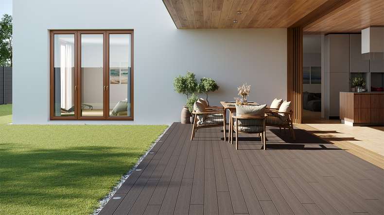 planeo LightWood WPC decking board hollow chamber - Light grey 3m fine grooved/grooved