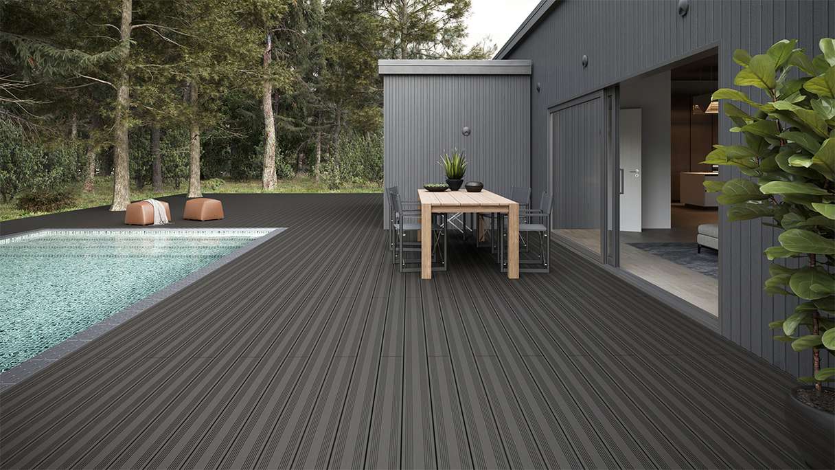 planeo SolidWood WPC decking complete set solid planks 4.8m (50.8m²) - Dark grey French/textured
