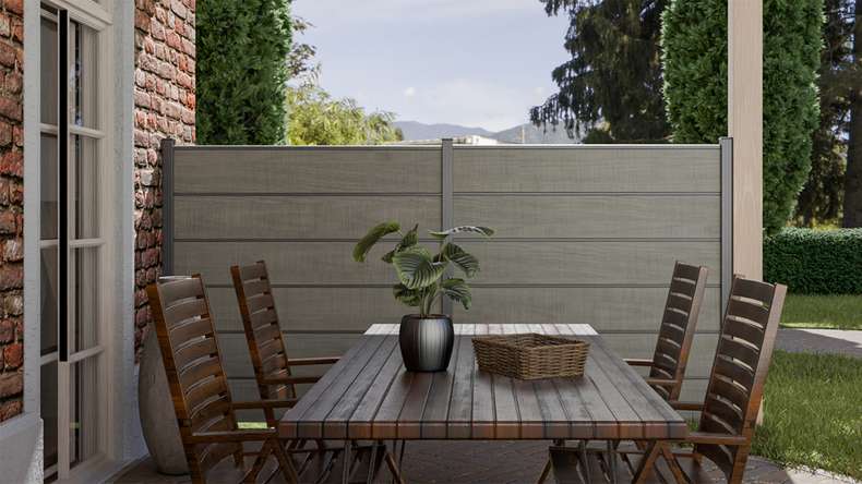 planeo Gardence Simply Premium - PVC plug-in fence Grey Ash Cut with pilaster strips in anthracite 180 x 180 cm