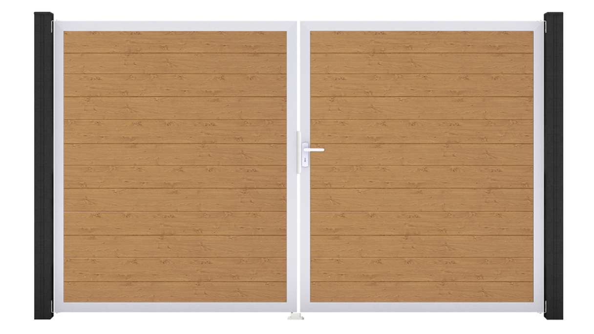 planeo Gardence Simply Small – 2-panel PVC gate in natural knotty oak finish with aluminium frame, 300 x 180 cm