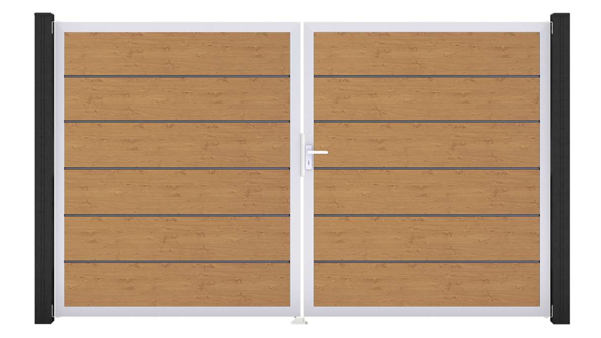 planeo Gardence Simply Premium – 2-panel PVC gate in natural knotty oak finish with aluminium frame, 300 x 180 cm