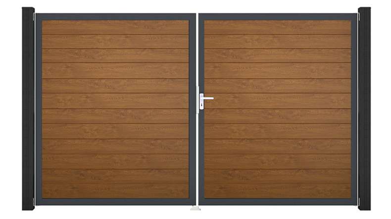 planeo Gardence Simply Small - PVC door - DIN right 2-leaf Golden Oak with anthracite aluminium frame | DB703 300 x 180 cm