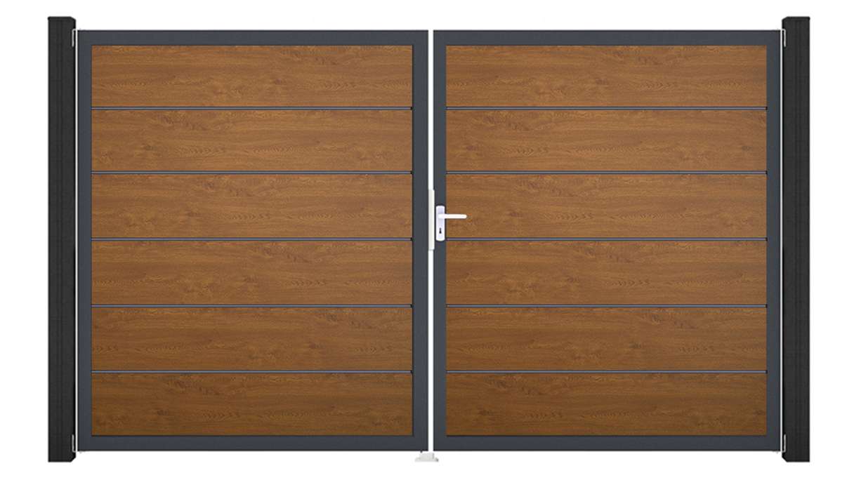 planeo Gardence Simply Premium – 2-panel Golden Oak PVC gate with aluminium frame, 300 x 180 cm