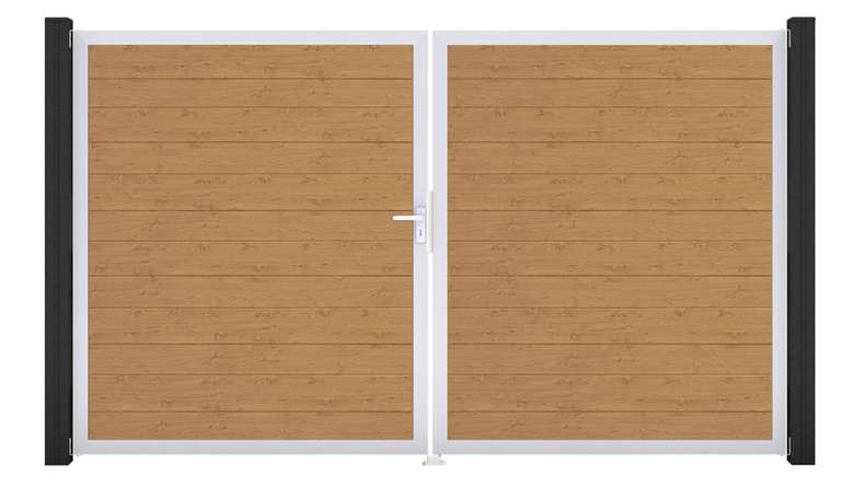 planeo Gardence Simply Small – 2-panel PVC gate in natural knotty oak finish with aluminium frame, 300 x 180 cm