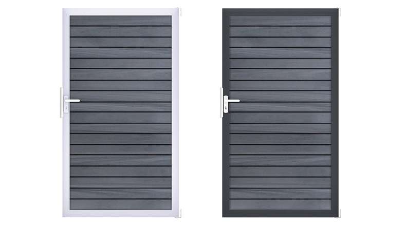 planeo Gardence Trendy – BPC Rhombus Universal Gate – Stone Grey, co-extruded with aluminium frame, 100 x 180 x 4 cm