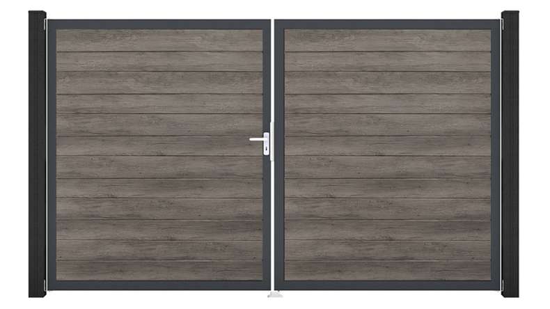 planeo Gardence Simply Small – 2-panel PVC gate in Monument Oak with aluminium frame, 300 x 180 cm