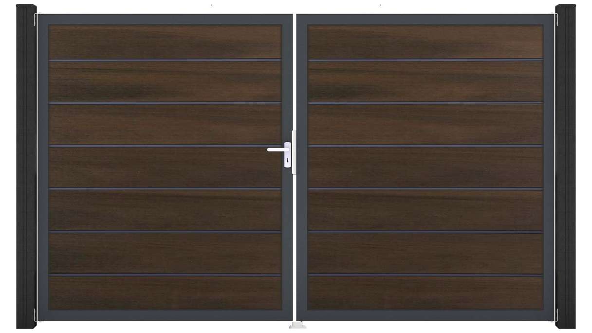 planeo Gardence Deluxe – BPC gate – double-leaf, walnut co-ex with aluminium frame