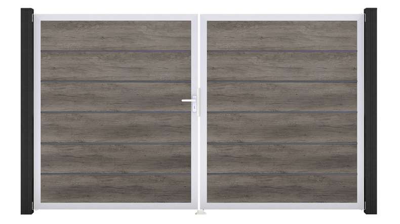 planeo Gardence Simply Premium - PVC door - DIN left 2-leaf Monument Oak with silver aluminium frame | EV1 300 x 180 cm