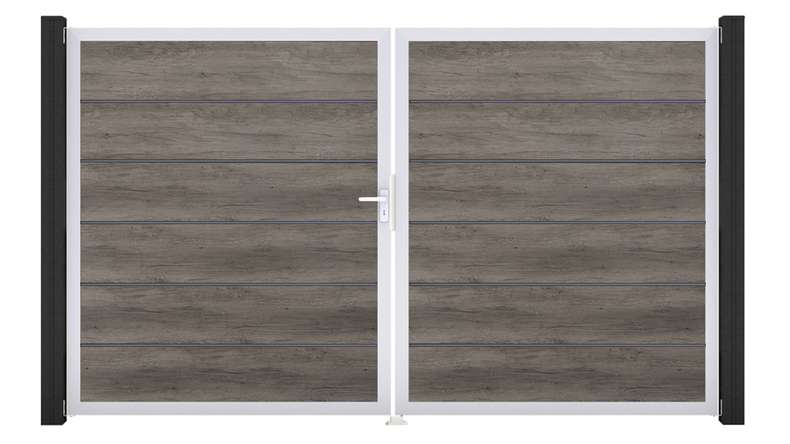 planeo Gardence Simply Premium – 2-panel PVC gate in Monument Oak with aluminium frame, 300 x 180 cm