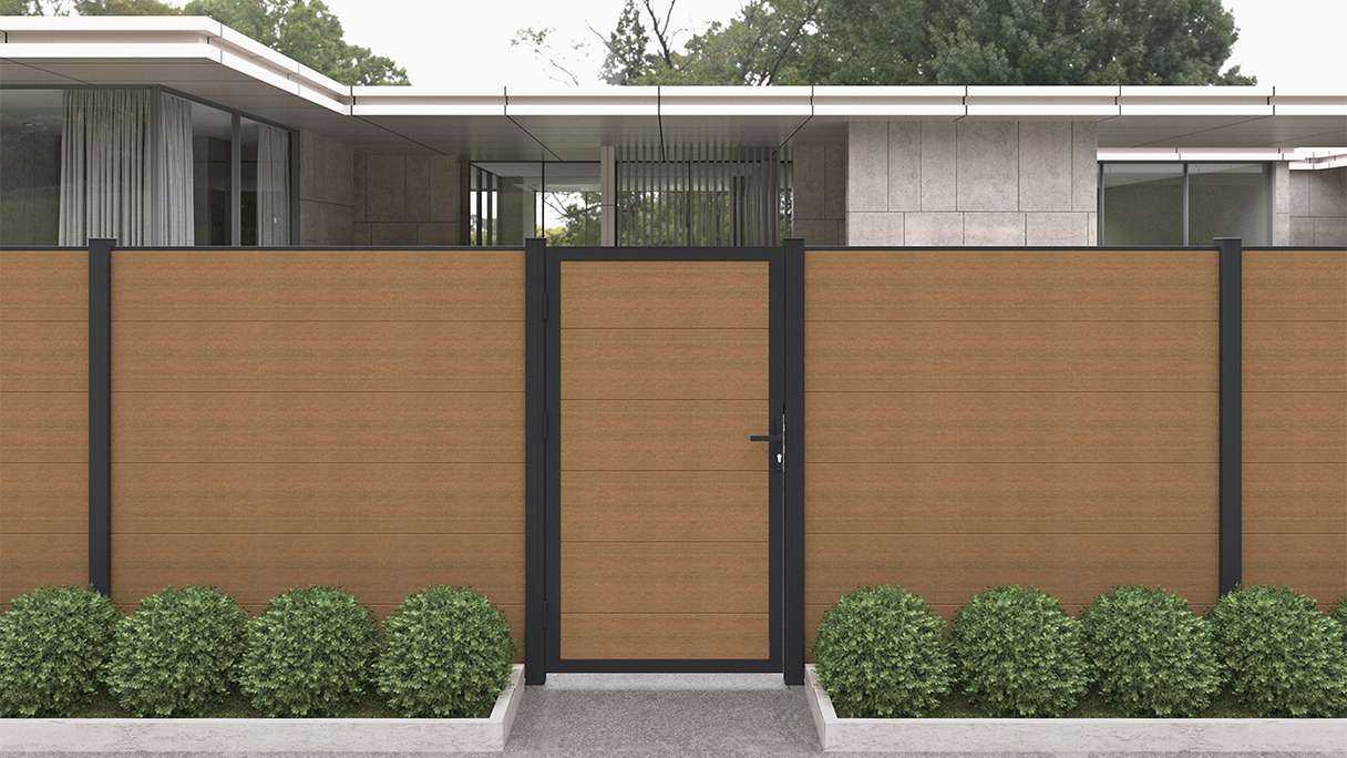 planeo INFINITY XL-Board - WPC CoEx universal door Burma teak with anthracite aluminium frame 100 x 180