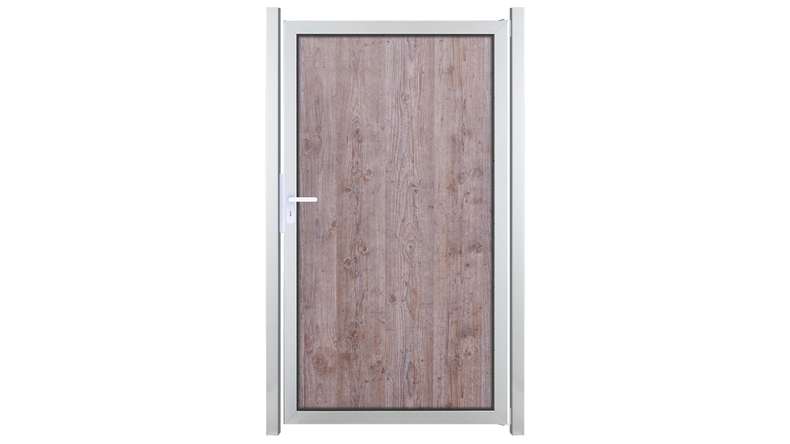 planeo Gardence Resistant - HPL privacy screen door wood look | with EV1 silver aluminium frame