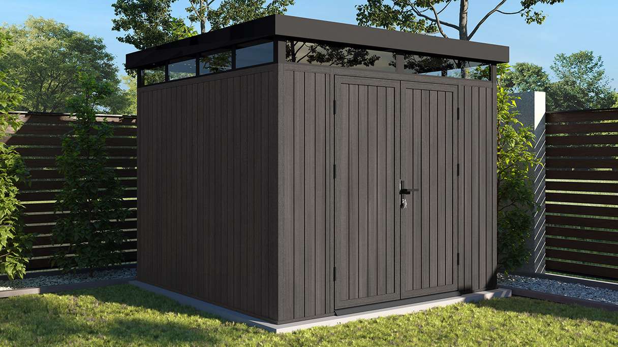 planeo WPC CoEx Flat-Roof Garden Shed M – Dark Grey 250 x 250 x 226.5 cm
