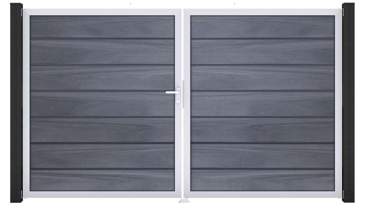 planeo Gardence Deluxe – BPC gate – double-leaf, stone grey co-ex with aluminium frame