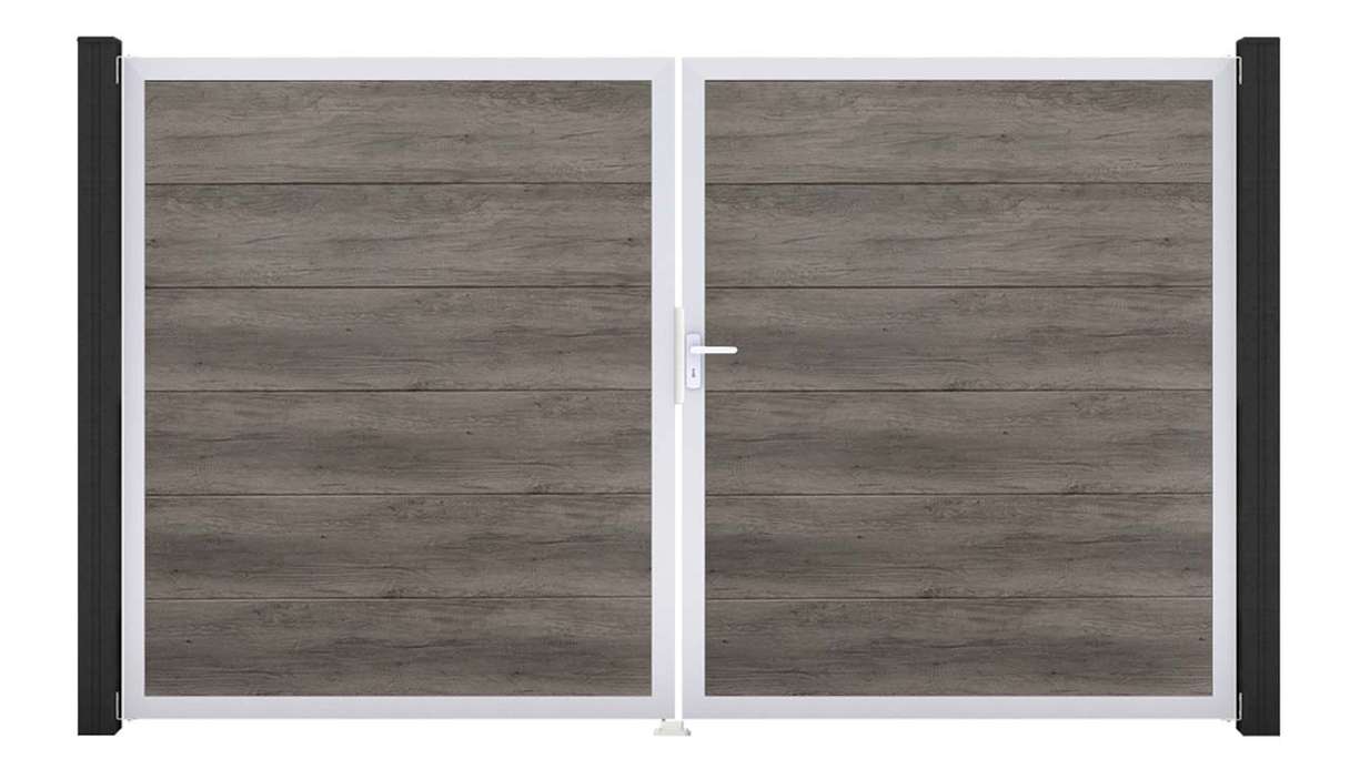 planeo Gardence Simply – 2-panel PVC gate in Monument Oak with aluminium frame 