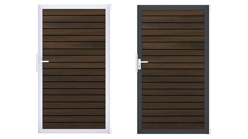 planeo Gardence Trendy – BPC Rhombus Universal Gate – Walnut, co-extruded with aluminium frame, 100 x 180 x 4 cm