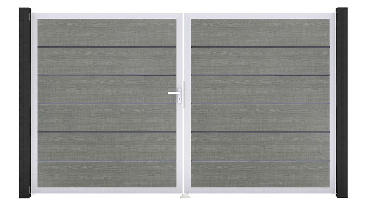 planeo Gardence Simply Premium – 2-panel PVC gate in Grey Ash Cut with aluminium frame, 300 x 180 cm