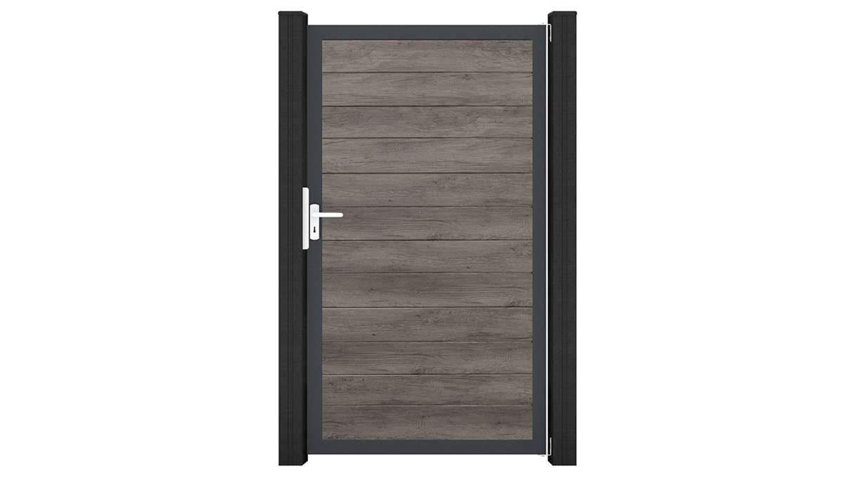 planeo Gardence Simply Small – Monument Oak universal PVC gate with aluminium frame, 100 x 180 cm