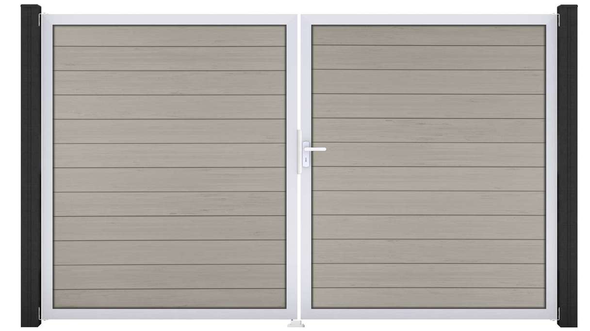planeo Gardence Strong – BPC gate – double-leaf, two-tone sand with aluminium frame