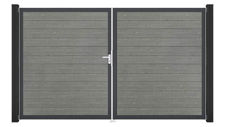planeo Gardence Simply Small – 2-panel PVC gate in Grey Ash Cut with aluminium frame, 300 x 180 cm