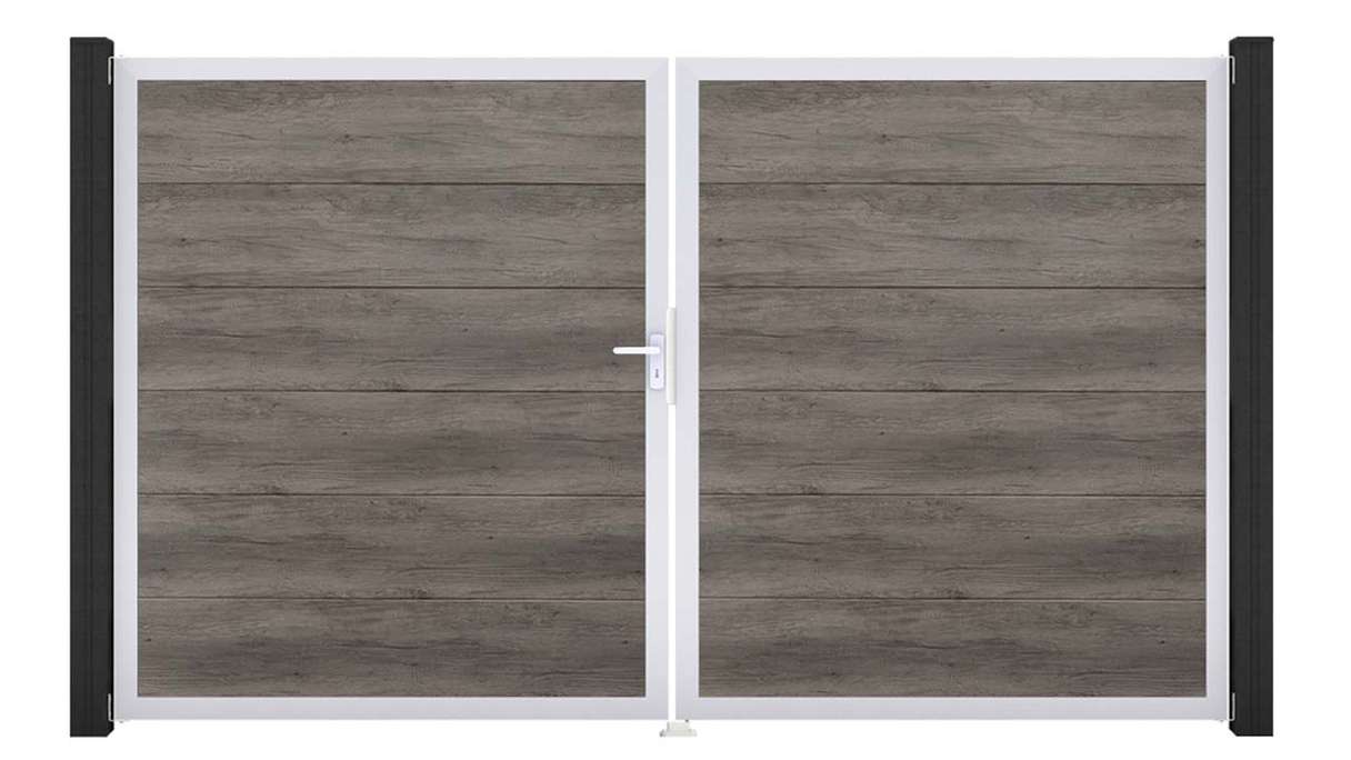 planeo Gardence Simply – 2-panel PVC gate in Monument Oak with aluminium frame 