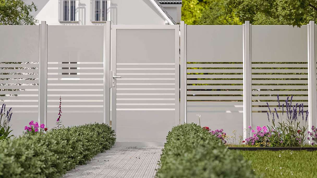planeo Ambiente - glass privacy gate DIN right strip with aluminium frame 100 x 180 cm