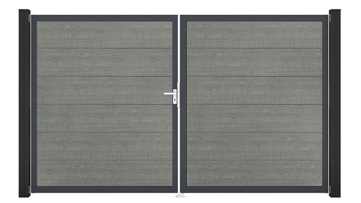 planeo Gardence Simply – 2-leaf PVC gate in Grey Ash Cut with aluminium frame