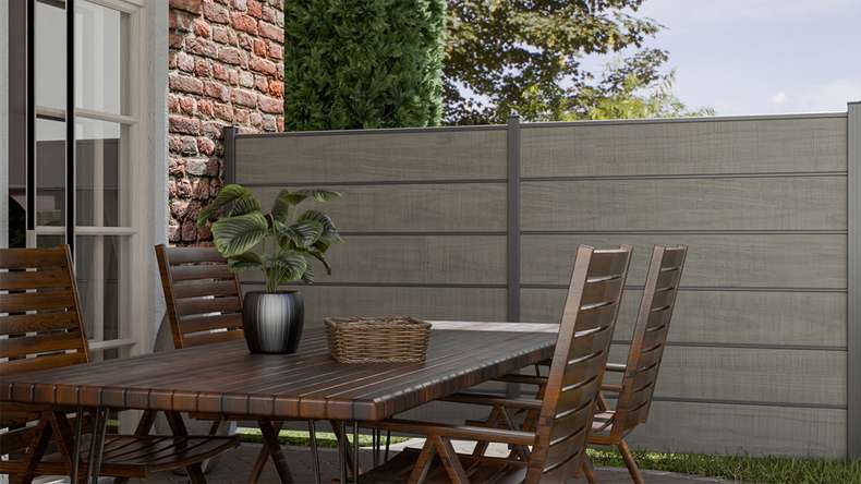 planeo Gardence Simply Premium - PVC plug-in fence Grey Ash Cut with pilaster strips in anthracite 180 x 180 cm