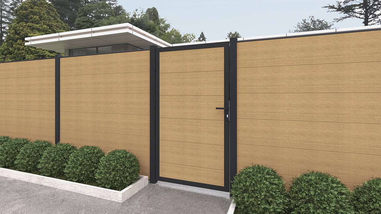 planeo INFINITY XL-Board - WPC CoEx universal door sand with anthracite aluminium frame 100 x 180