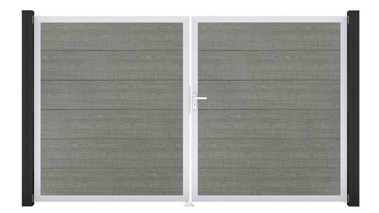 planeo Gardence Simply – 2-leaf PVC gate in Grey Ash Cut with aluminium frame