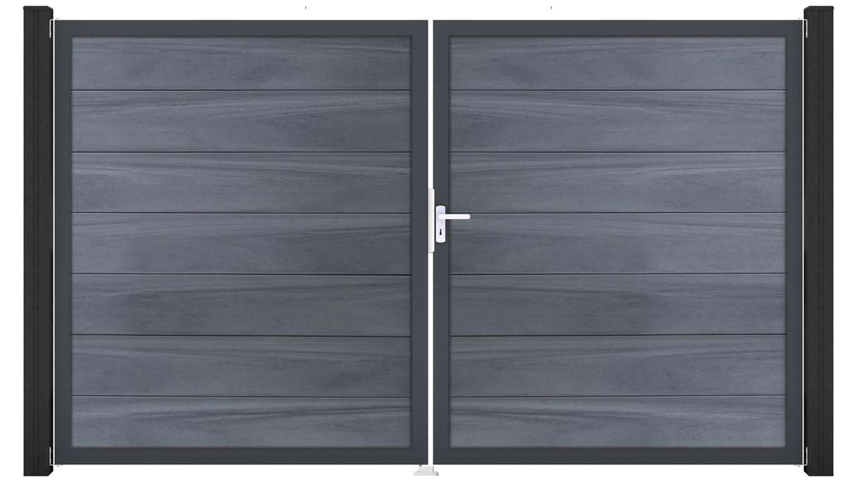 planeo Gardence Strong XL – BPC gate – double-leaf, stone grey co-extruded with aluminium frame