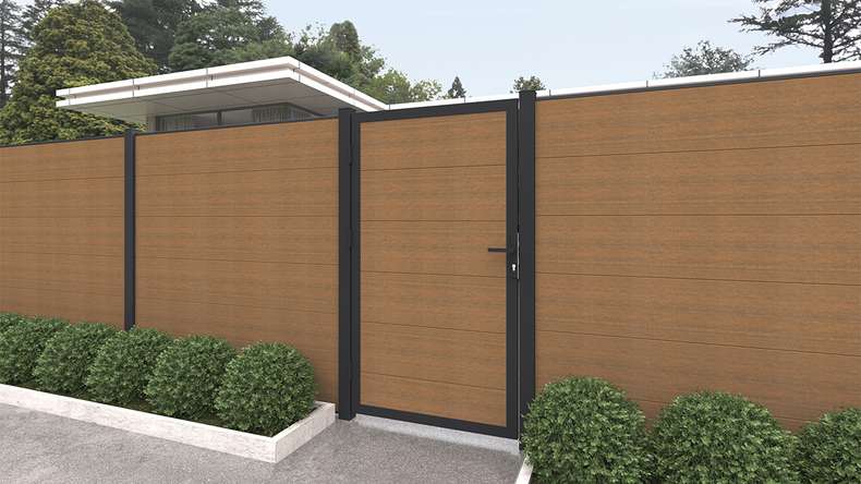 planeo INFINITY XL-Board - WPC CoEx universal door Burma teak with anthracite aluminium frame 100 x 180