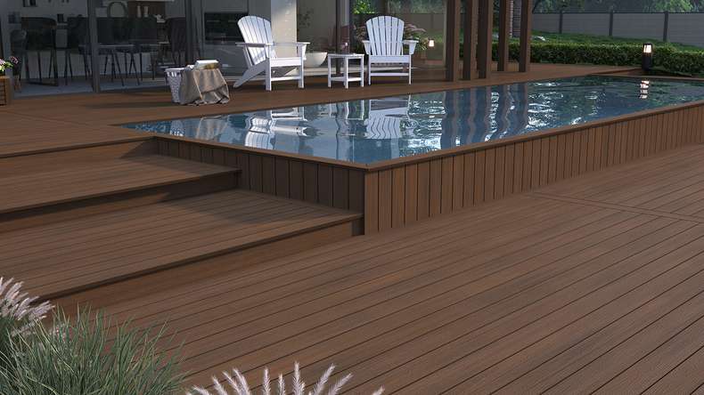 planeo WOODLine Nature - WPC CoEx coated decking board hollow chamber - Ipe Brown 3m textured/smooth brushed