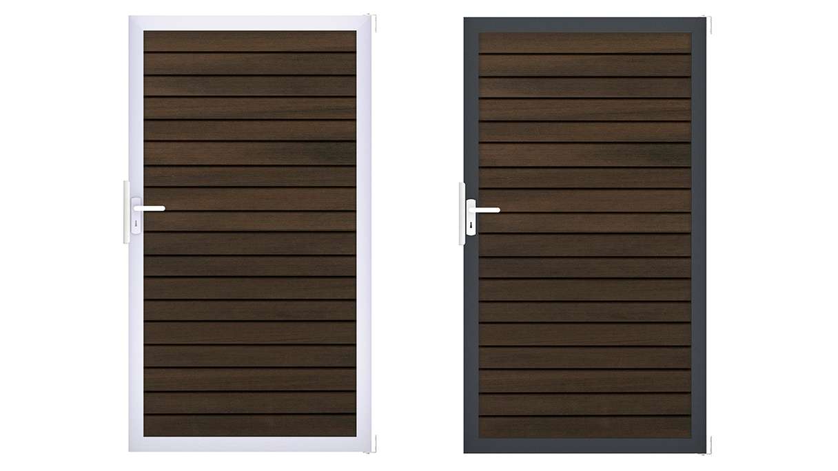 planeo Gardence Trendy – BPC Rhombus Universal Gate – Walnut, co-extruded with aluminium frame, 100 x 180 x 4 cm