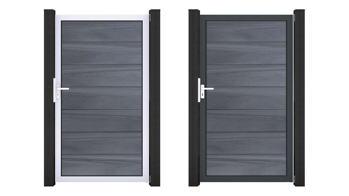 planeo Gardence Strong XL – BPC universal gate, stone grey co-ex with aluminium frame, 100 x 180 x 4 cm