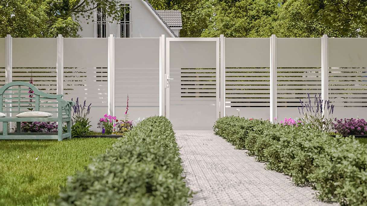 planeo Ambiente - glass privacy gate DIN right strip with aluminium frame 100 x 180 cm
