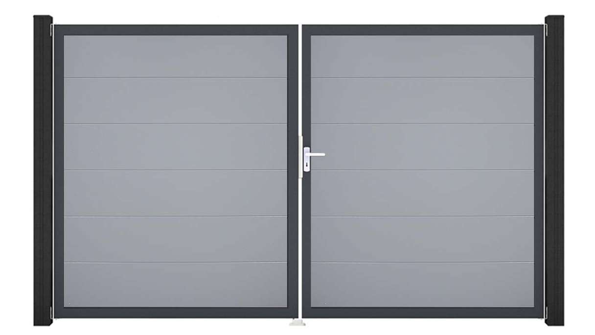 planeo Gardence Simply – 2-leaf PVC gate in silver-grey with aluminium frame