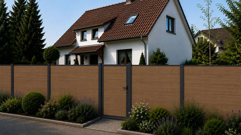 planeo INFINITY XL-Board - WPC CoEx plug-in fence Burma Teak 176 x 183