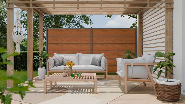 planeo Gardence Simply Premium - PVC plug-in fence Golden Oak with pilaster strips in anthracite 180 x 180 cm
