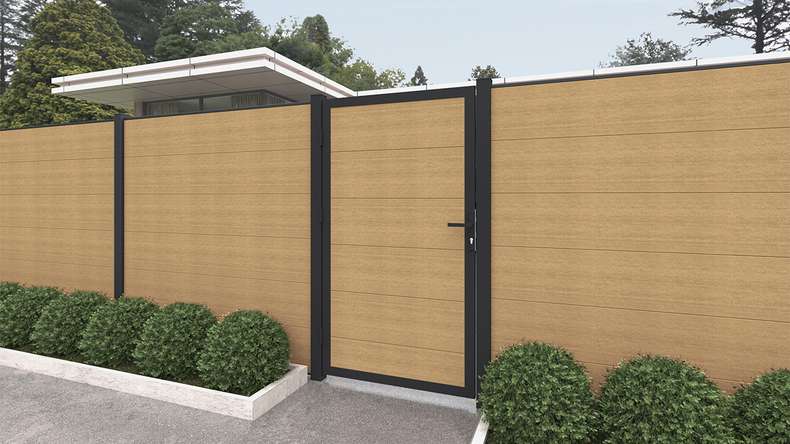 planeo INFINITY XL-Board - WPC CoEx universal door sand with anthracite aluminium frame 100 x 180