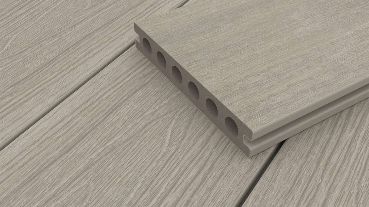 planeo WOODLine Nature - WPC CoEx coated decking board hollow chamber - light grey 3m textured/smooth brushed