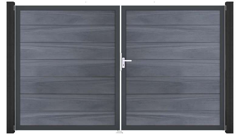 planeo Gardence Strong XL – BPC gate – double-leaf, stone grey co-extruded with aluminium frame 