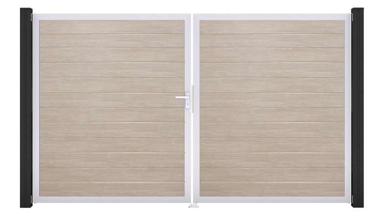 planeo Gardence Simply Small - PVC door - DIN left 2-leaf Sheffield Oak with silver aluminium frame | EV1 300 x 180 cm