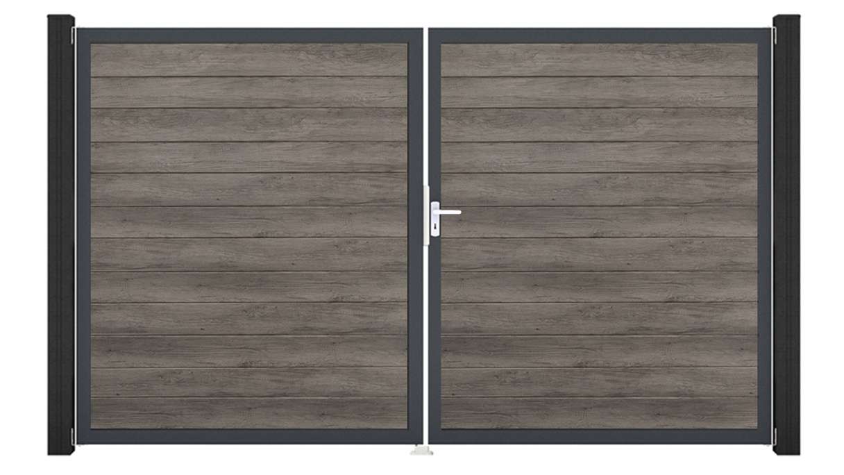 planeo Gardence Simply Small – 2-panel PVC gate in Monument Oak with aluminium frame, 300 x 180 cm