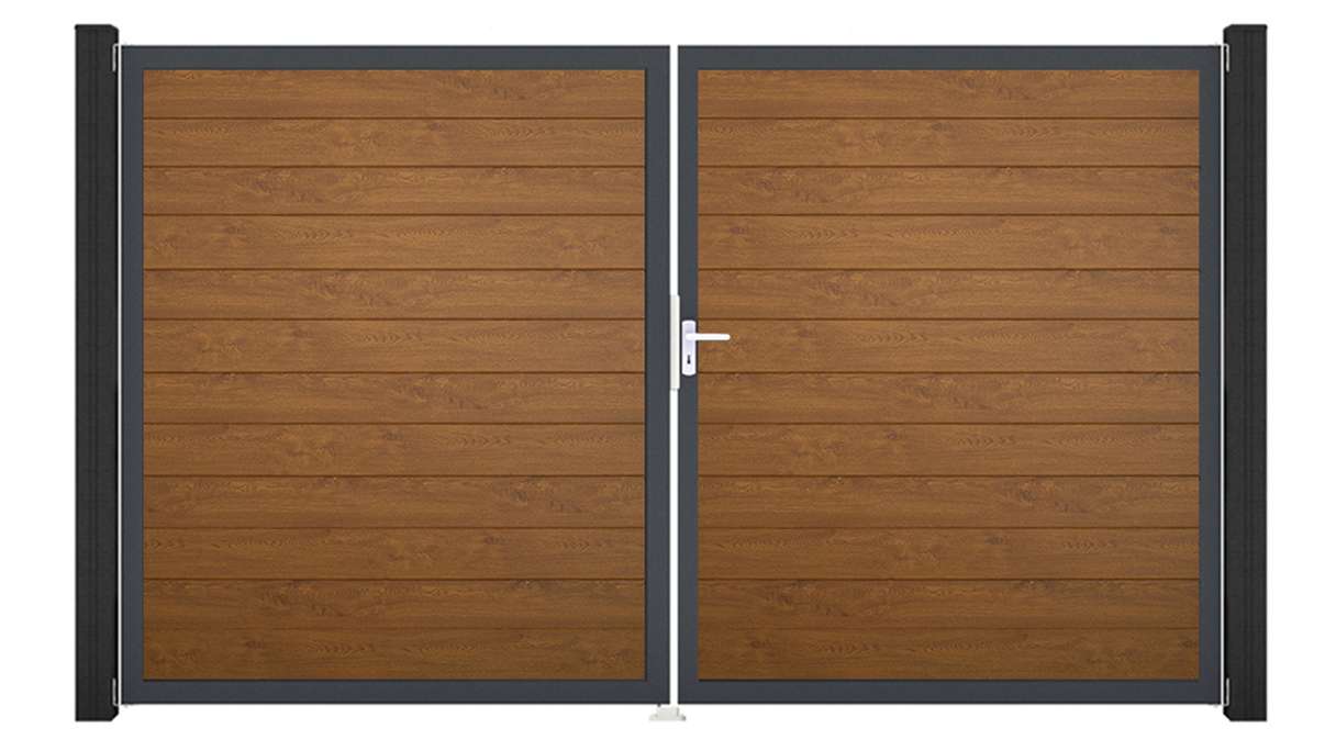 planeo Gardence Simply Small – 2-panel PVC gate in Golden Oak with aluminium frame, 300 x 180 cm