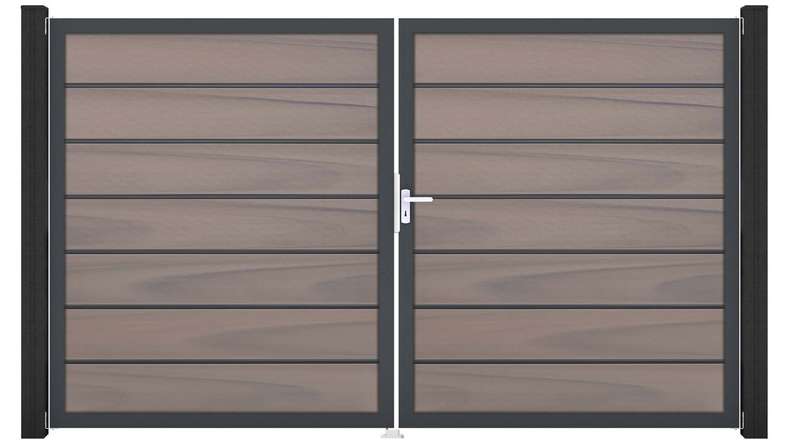 planeo Gardence Deluxe – BPC gate – double-leaf, two-tone co-extruded with aluminium frame 